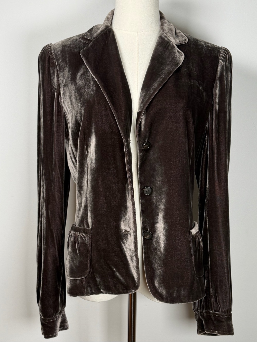 TAHARI Dark Mocha Brown Silk Blend Crushed Velvet Blazer Women’s Size Medium - Picture 10 of 13